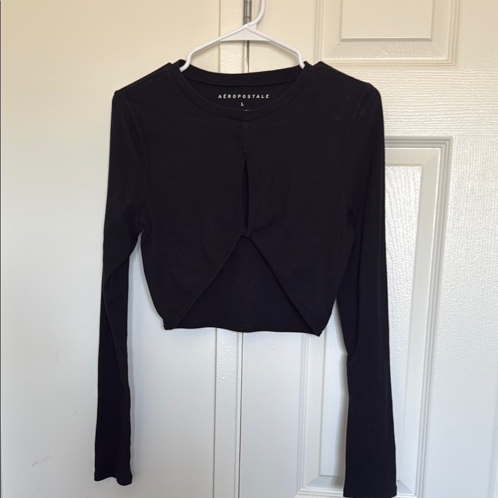 Aeropostale Black Tie Front Crop Blouse